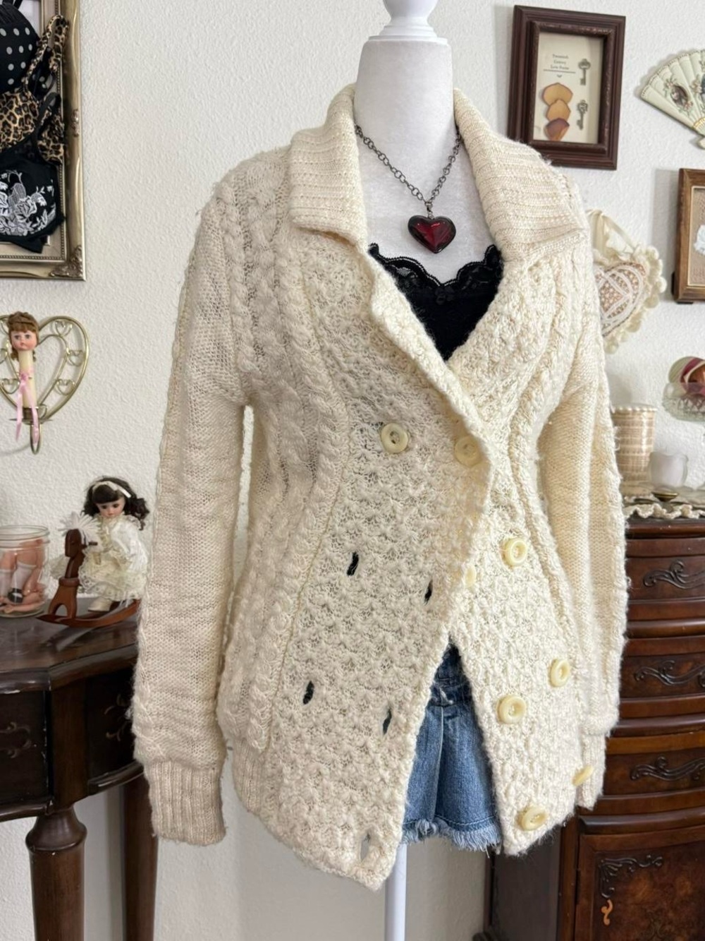 Y2k cozy fairy couchette cream knit cardigan w soft sherpa interior - Picture 4 of 8